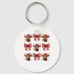 Cute Coquette Bow Heart Highland Cow Western Valen Key Ring
