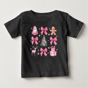 Cute Coquette Bow Pink Christmas Santa Gingerbread Baby T-Shirt