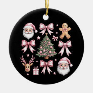 Cute Coquette Bow Pink Christmas Tree Santa Ginger Ceramic Ornament