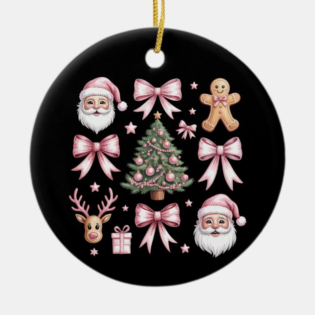Cute Coquette Bow Pink Christmas Tree Santa Ginger Ceramic Ornament (Front)