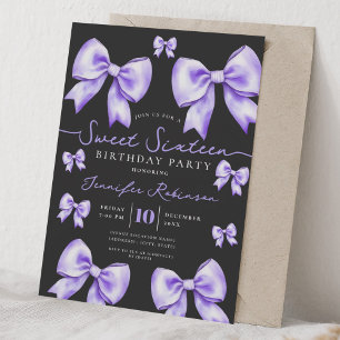 Cute Coquette Bow Sweet 16 Birthday Purple Black  Invitation
