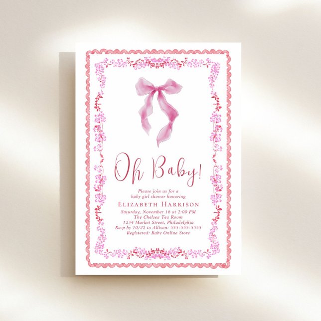 Cute Coquette Bow Watercolor Baby Girl Shower Invitation (Creator Uploaded)