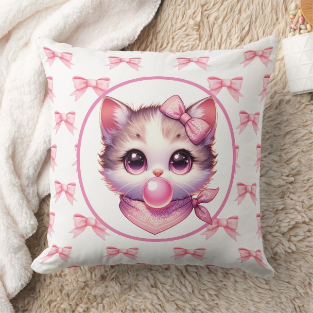 Cute Coquette Cat Pink Bow Bandanna Bubble Gum Cushion (Blanket)