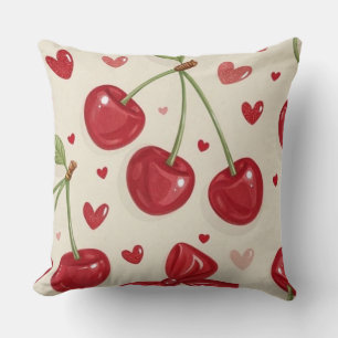 Cute Coquette Cherry and Red Ribbon Bows Seamless  Cushion