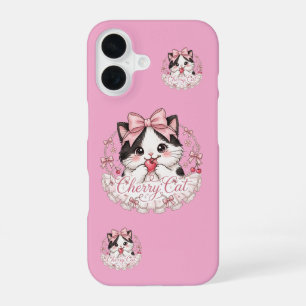 Cute Coquette Cherry Cat iPhone 16 Case Gifts