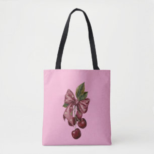 Cute Coquette Cherry Ribbon Pink Aesthetic Tote Bag