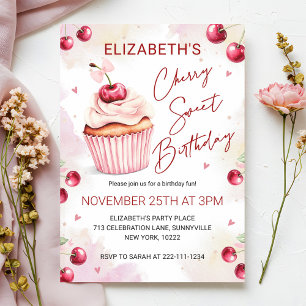 Cute Coquette Cherry Sweet Birthday Invitation