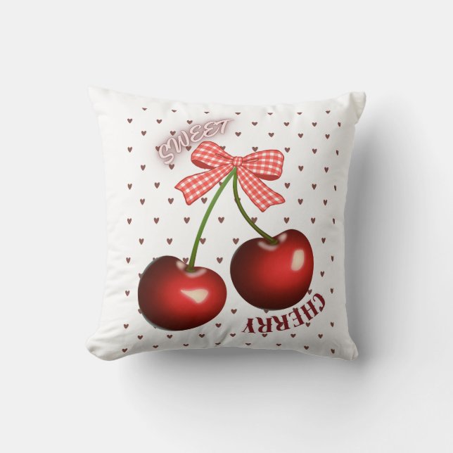 ​Cute Coquette Cherry with Pink Gingham Bow T-Shir Cushion (Front)