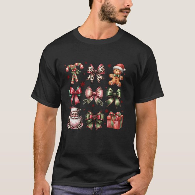 Cute Coquette Christmas Girly Bow Gingerbread Sant T-Shirt (Front)