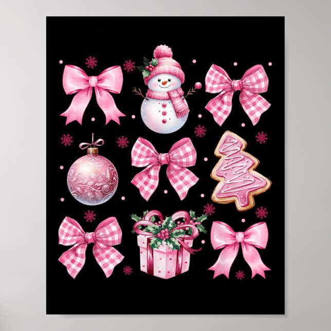 Cute Coquette Christmas Pink Bows Santa Gingerbrea Poster (Front)