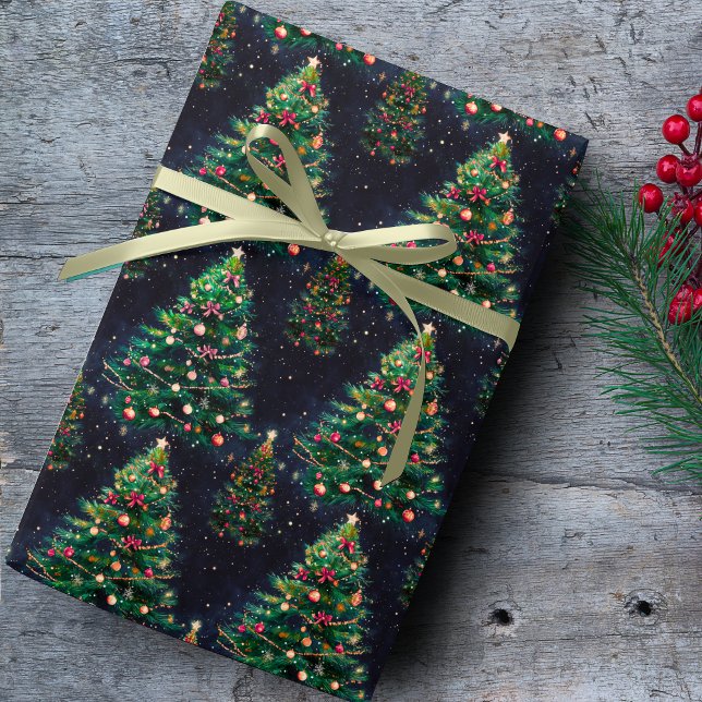 Cute Coquette Christmas trees dark navy Wrapping Paper (Creator Uploaded)