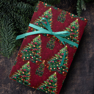 Cute Coquette Christmas trees dark red Wrapping Paper