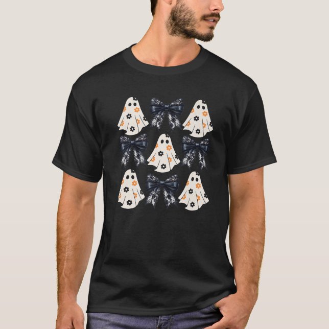 Cute Coquette Floral Bow Pumpkin Ghost Spooky Hall T-Shirt (Front)