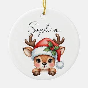 Cute Coquette Floral Christmas Reindeer Ceramic Ornament