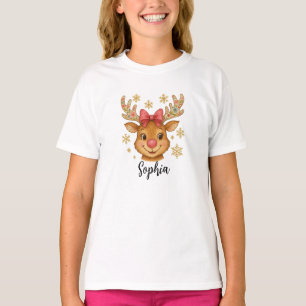 Cute Coquette Floral Christmas Reindeer T-Shirt