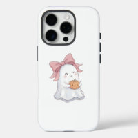 Cute Coquette Ghost with Pink Bow & Pumpkin Hallow