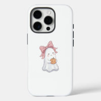 Cute Coquette Ghost with Pink Bow & Pumpkin Hallow