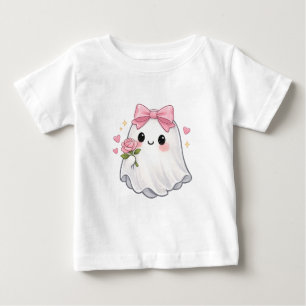 Cute Coquette Ghost with Pink Bow, Rose Halloween Baby T-Shirt