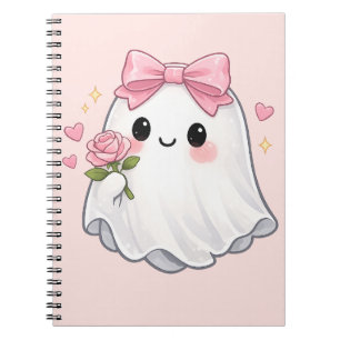 Cute Coquette Ghost with Pink Bow, Rose Halloween Notebook