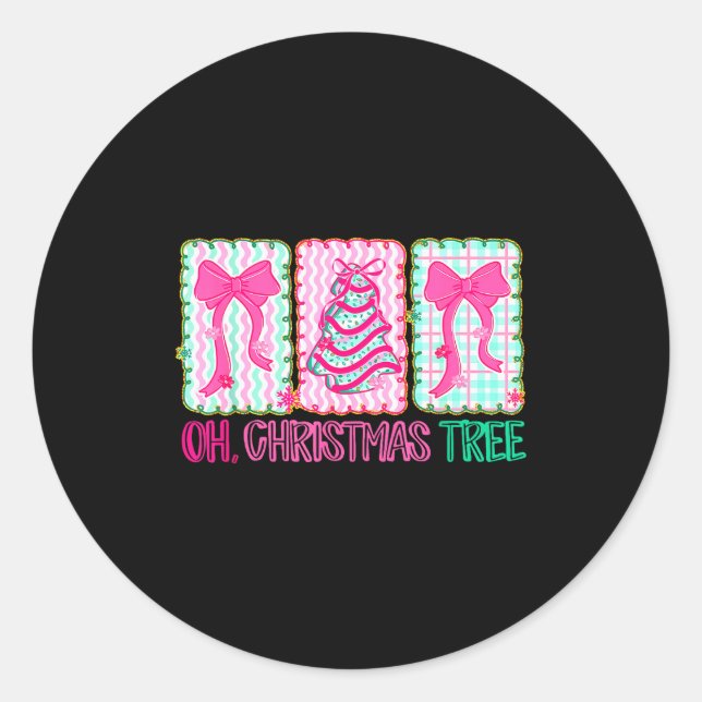 Cute Coquette Oh Christmas Tree Cake Bow Tis The S Classic Round Sticker (Front)