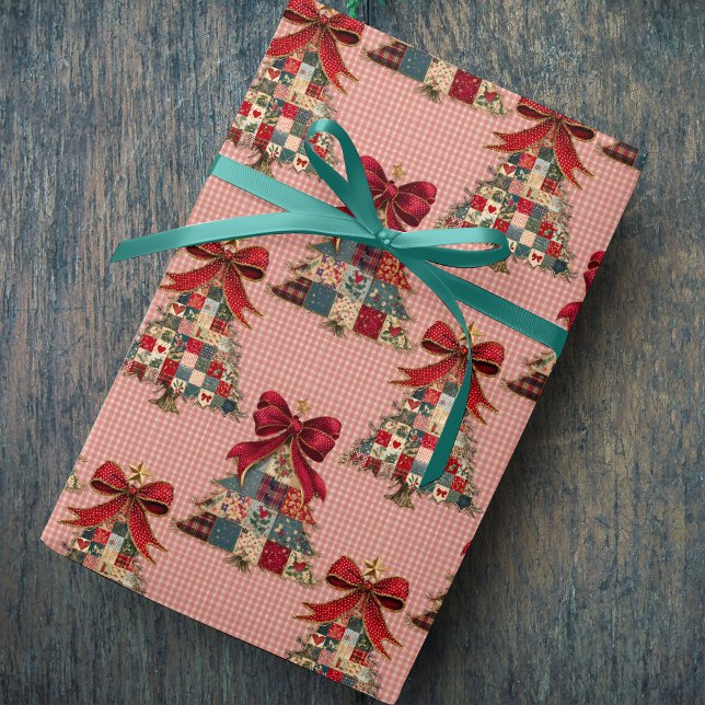Cute coquette patchwork christmas trees gingham wrapping paper (Creator Uploaded)