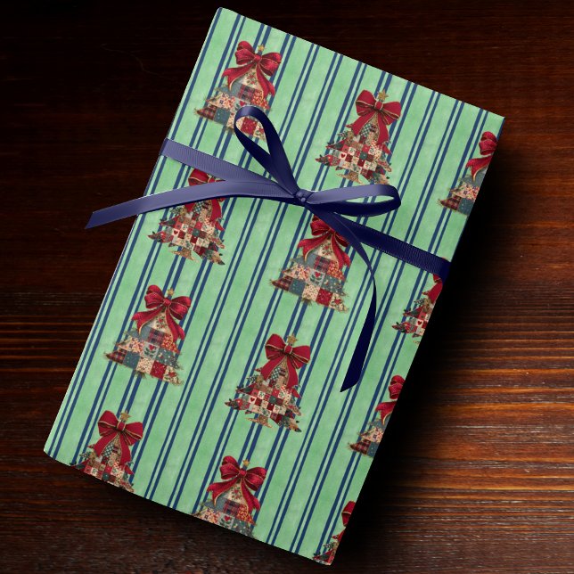 Cute coquette patchwork christmas trees striped wrapping paper (Creator Uploaded)