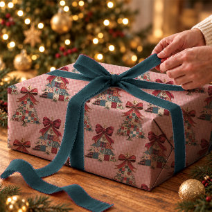 Cute Coquette Patchwork Gingham Christmas Trees Wrapping Paper