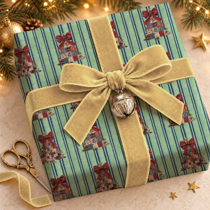 Cute Coquette Patchwork Striped Christmas Trees Wrapping Paper