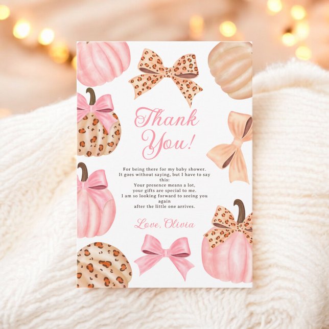 Cute Coquette Pink Bow Leopard Pumpkin baby shower Thank You Card (Cute Coquette Pink Bow Leopard Pumpkin baby shower Thank You Card)