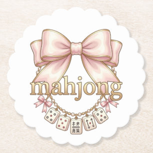 Cute Coquette Pink Bow Mahjong Charm Women's Paper Coaster