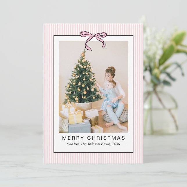 Cute Coquette Pink Bow Merry Christmas Photo  Holiday Card (Standing Front)