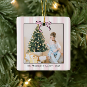 Cute Coquette Pink Bow Photo Christmas Ceramic Ornament