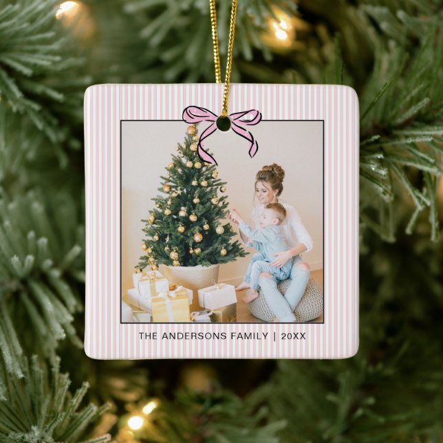 Cute Coquette Pink Bow Photo Christmas  Ceramic Ornament (Tree)