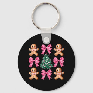 Cute Coquette Pink Bow Xmas Gingerbread Man Christ Key Ring