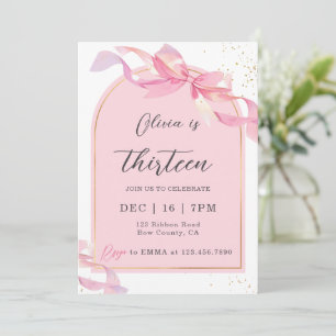 Cute Coquette Pink Gold Bow Girl Birthday Invitation