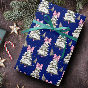 Cute Coquette Pink Royal Blue Bows Christmas Trees Wrapping Paper