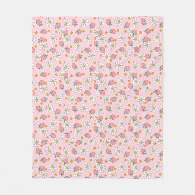 Cute Coquette Pink Strawberries Daisy Flower Fruit Fleece Blanket (Front)