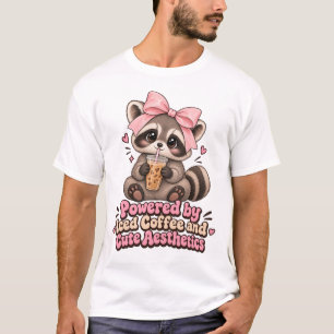 Cute Coquette Racoon Drinking Iced Coffee Print T-Shirt