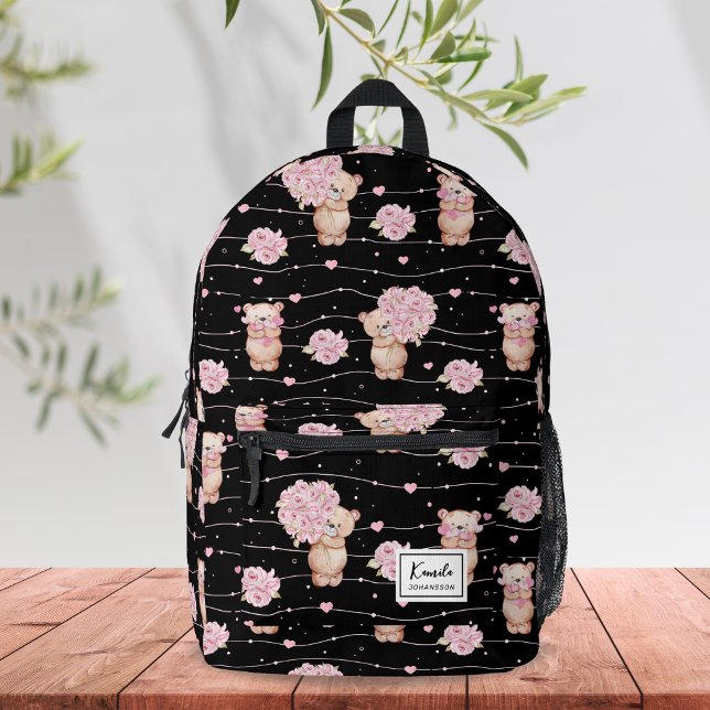  Cute Coquette Teddy Bear With Pink Flowers Custom Printed Backpack (Creator Uploaded)