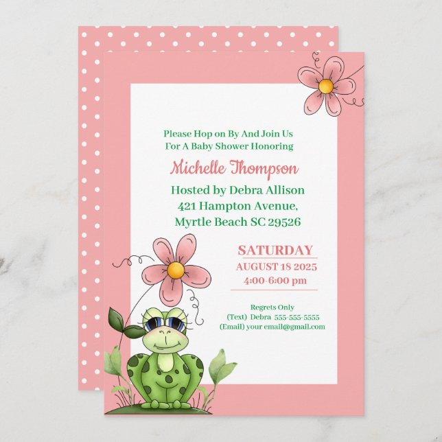 Cute Coral and Green Frog Baby Shower  Invitation (Front/Back)