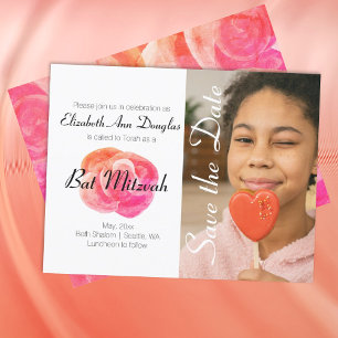 Cute Coral Orange, Pink Rose Bat Mitzvah Save Date Invitation