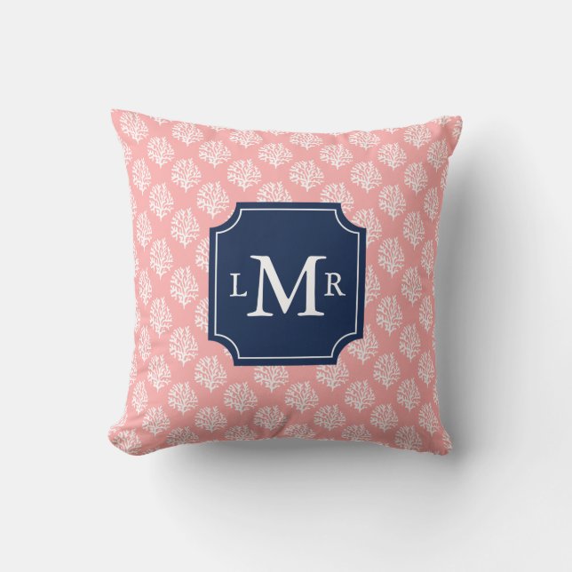Cute Coral Pattern and Blue Monogram Cushion (Front)