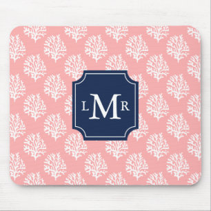 Cute Coral Pattern and Blue Monogram Mouse Pad