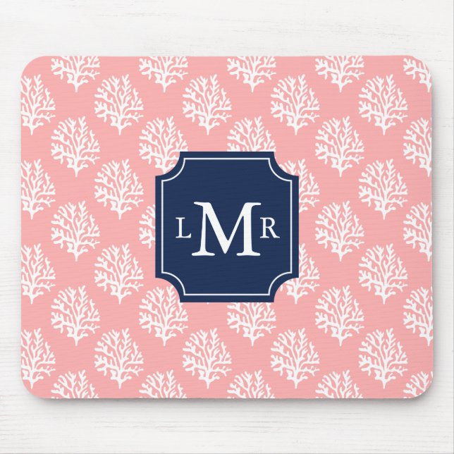 Cute Coral Pattern and Blue Monogram Mouse Pad (Front)
