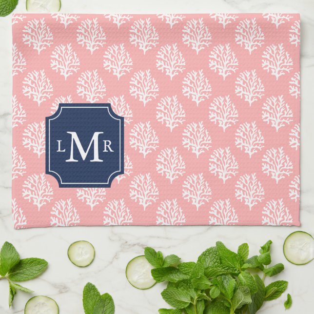 Cute Coral Pattern and Blue Monogram Tea Towel (Folded)