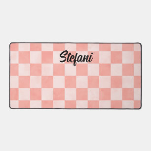 Cute Coral Peach Checkers Pattern Name Desk Mat