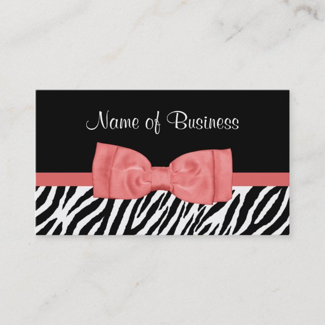 Cute Coral Pink and Black Zebra Print Pretty Bow Business Card (Front)