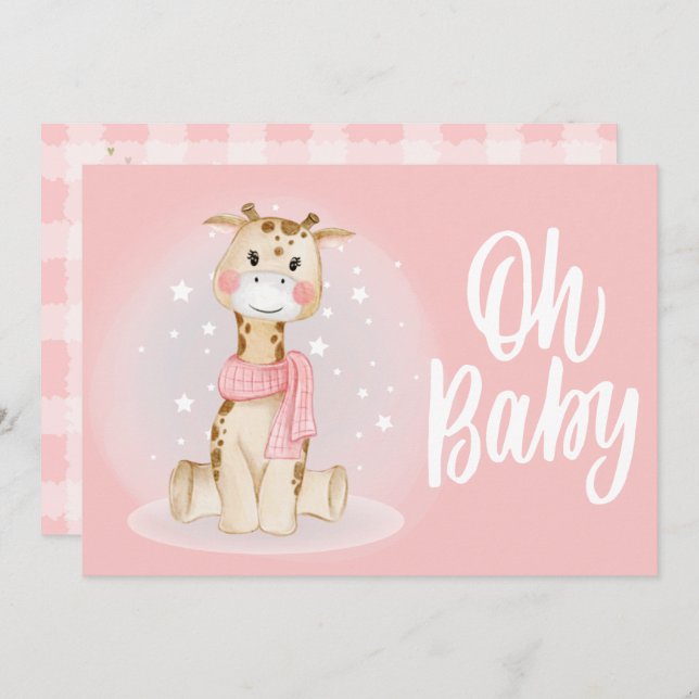 Cute Coral Pink Giraffe Baby Shower Invitation (Front/Back)