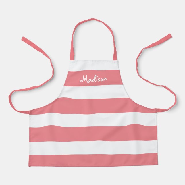 Cute Coral Pink White Stripes Kids Personalised Apron (Front)