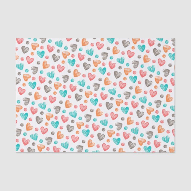 Cute Coral Red Pink Aqua Blue Heart Art Pattern Tissue Paper (Front)